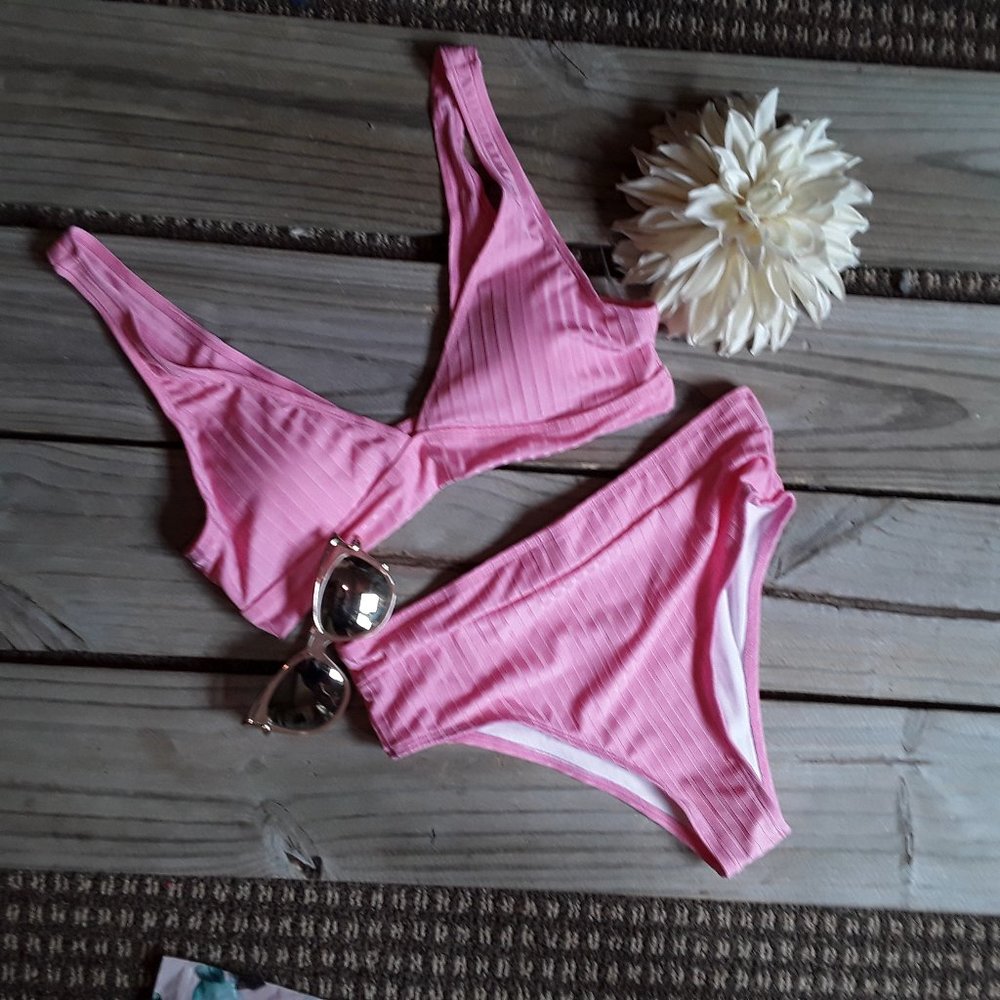 NWT Shein pink high waisted ribbed bikini